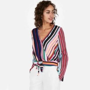 Express Multicolored Striped Surplice Bell Sleeve Top Size Medium